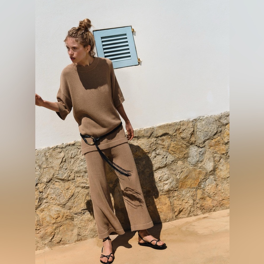 NWOT ZARA Linen blend Wide Leg High Waisted trousers Large Pull On Tan